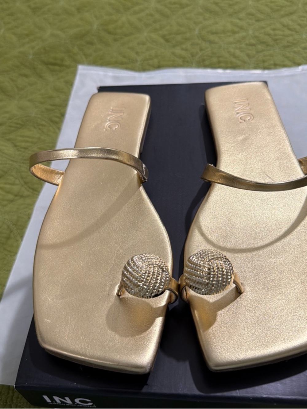 INC International Concepts Metallic Gold Beaded Toe-Ring Slide Sandals